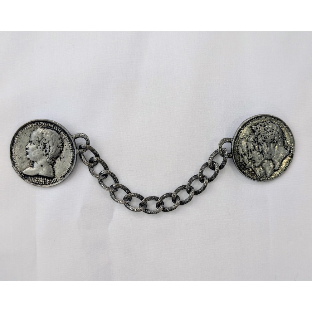 Rare Vintage Chatelaine Cardigan Sweater Coin Art Nouveau Chain Brooch LT91